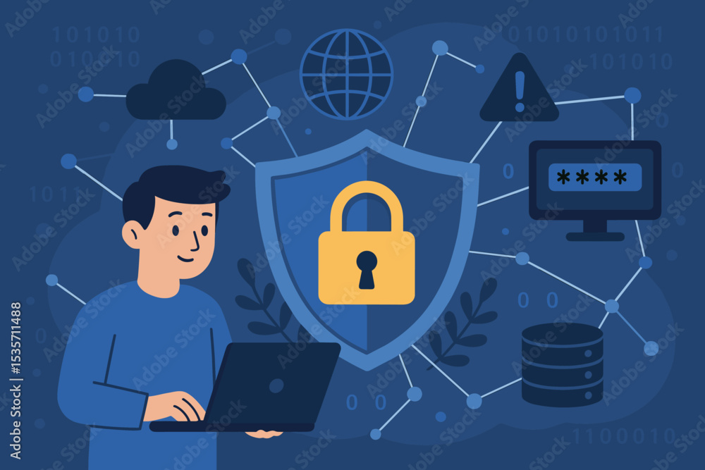 Poster cybersecurity technology vector illustration. man with laptop securing data and privacy. internet ne