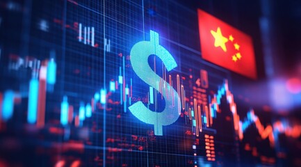 Fototapeta premium US Dollar and China Stock Market: A glowing US dollar sign is prominently displayed against a backdrop of dynamic stock market charts and a subtle representation of the Chinese flag.