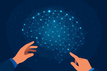Artificial intelligence concept with hands interacting with a digital brain. Neural network for machine learning and big data analysis. Future technology, neuroscience and business innovation.
