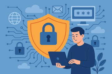 Cybersecurity concept with man using laptop for data protection. Internet security and privacy vector illustration with shield, padlock, and password. Network firewall technology.