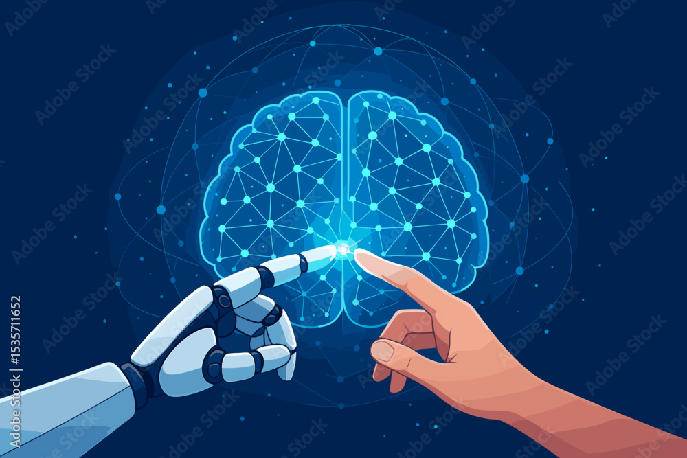 Poster ai and human connection concept. robot and human hands touch point on glowing neural network brain. 