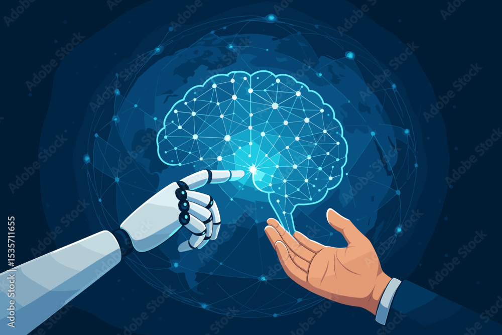 Aufkleber robot hand touching a digital brain with a human hand underneath. artificial intelligence, machine l