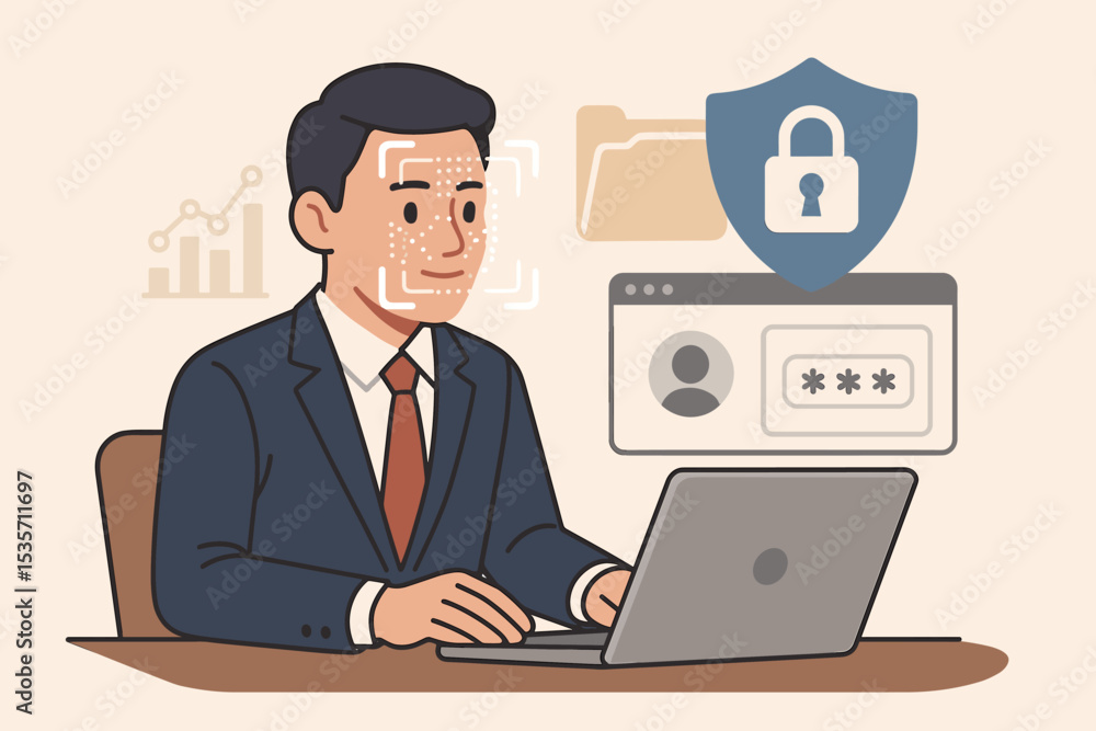 Poster cybersecurity and facial recognition technology concept. businessman uses biometric face scan for se