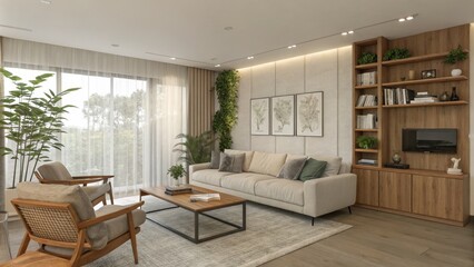 Obraz premium Modern Living Room Interior Design Beige Sofa, Wooden Accents, and Greenery, living room design, interior design