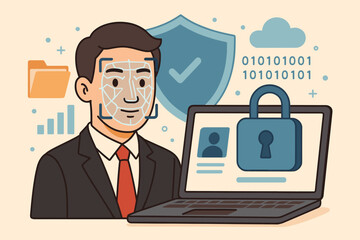 Cybersecurity concept with face recognition. Biometric authentication for secure data access and identity verification. Man's face scanned by AI for login. Digital privacy protection.