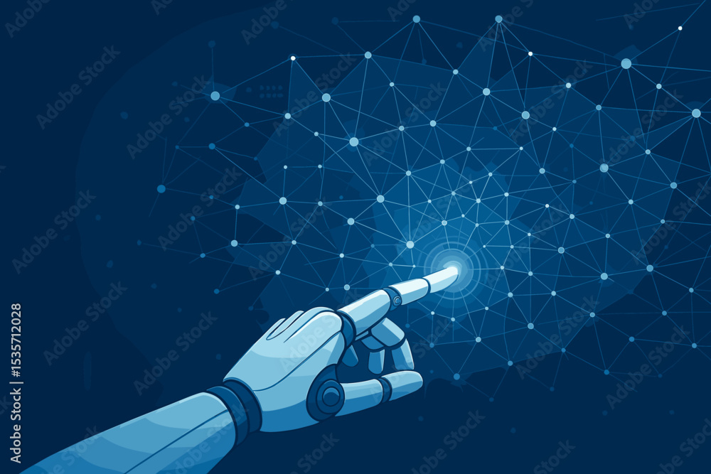 Poster robot hand touching digital network connection. artificial intelligence concept with neural network.