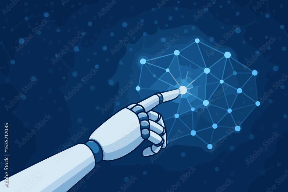 Aufkleber artificial intelligence concept with robot hand touching a glowing node on a futuristic network. tec