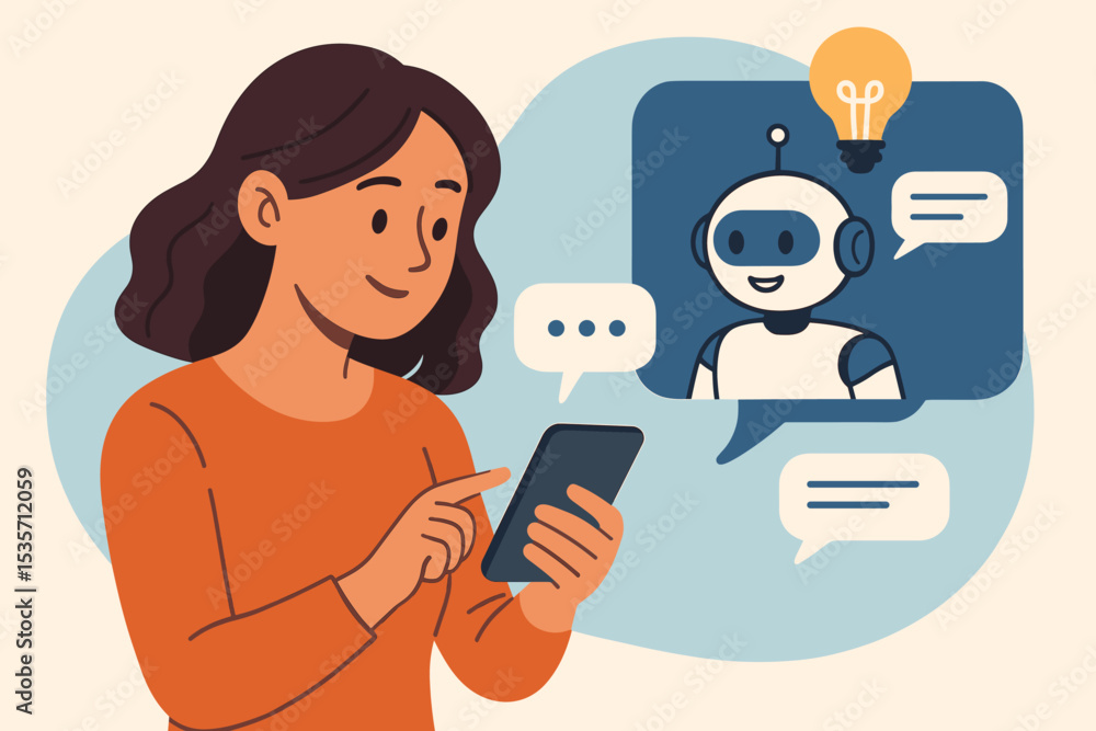 Poster woman chatting with an ai chatbot on a smartphone. artificial intelligence technology concept. user 