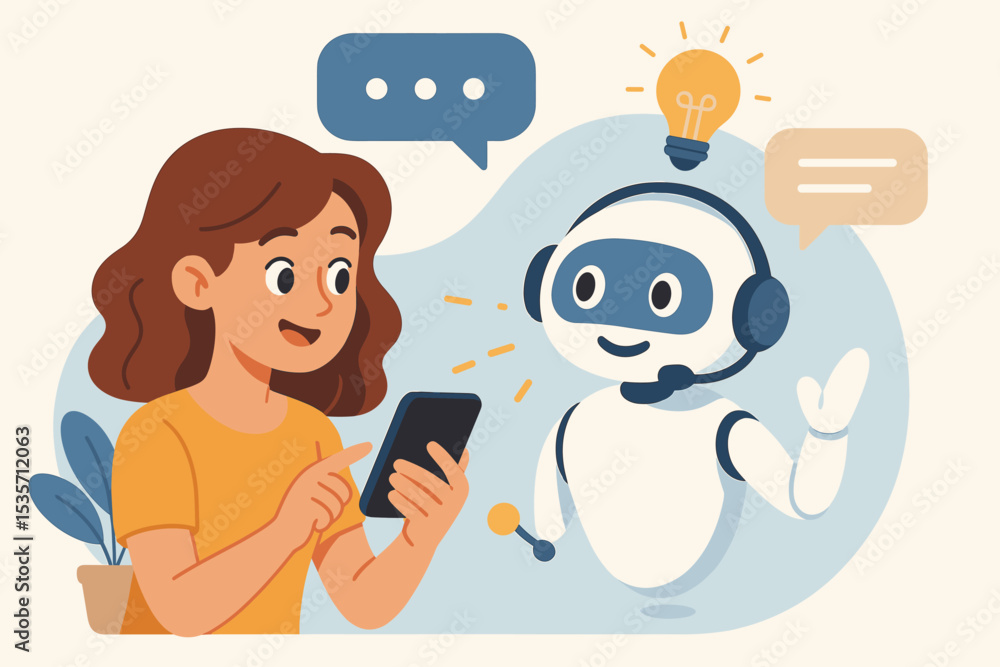 Poster woman chatting with ai chatbot on smartphone for customer service. robot assistant concept for onlin