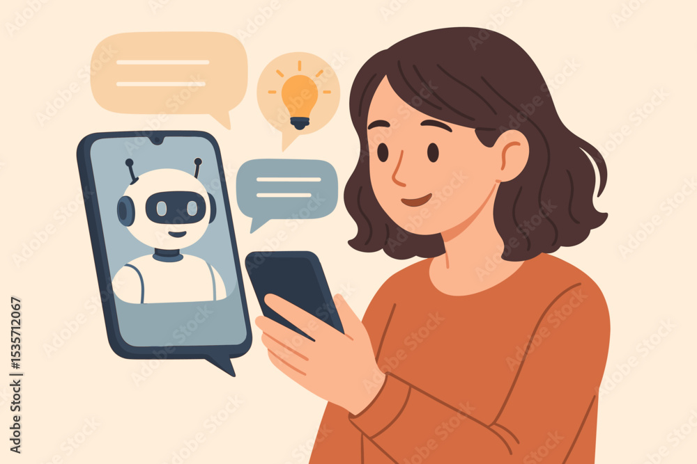 Poster woman chatting with ai chatbot on smartphone. artificial intelligence, virtual assistant for custome
