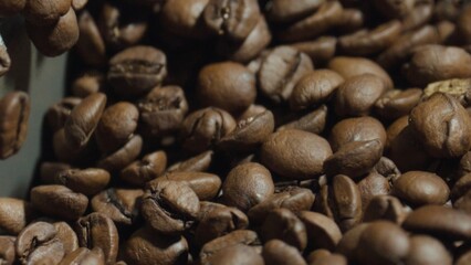 Roasted coffee beans falling and piling up in a