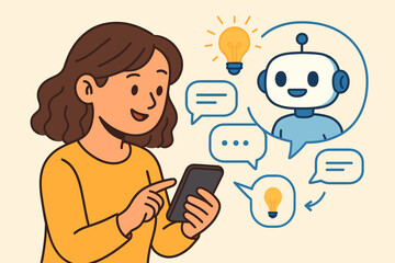 Woman chatting with AI chatbot on smartphone for customer support. Virtual assistant technology concept. Person talking to robot bot gets ideas, solutions. Artificial intelligence help.