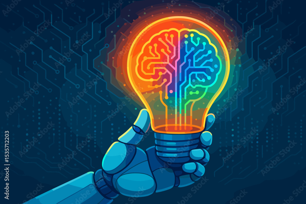 Poster robotic hand holding lightbulb with circuit brain. artificial intelligence, machine learning concept
