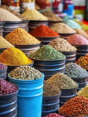 Fototapeta premium Colorful spices and herbs filling buckets at a traditional market