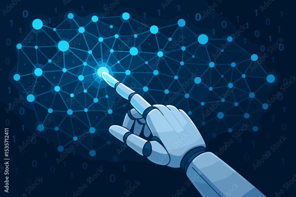 Poster artificial intelligence revolution. robot hand touching a glowing digital network node. concept for 