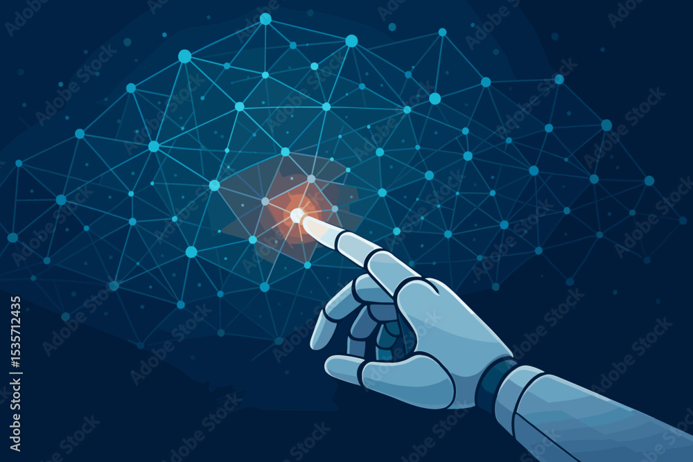 Poster ai robot hand touching a glowing node on a digital network. concept for artificial intelligence, mac