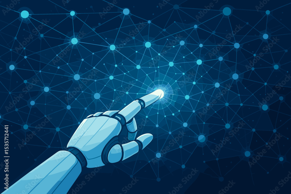 Poster ai technology concept with robot hand touching a futuristic digital neural network. global communica