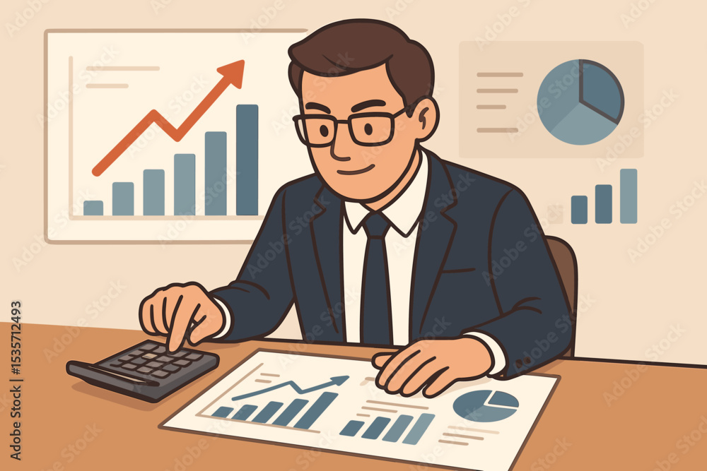 Poster businessman analyzing financial data with charts and graphs. accountant at desk with calculator work