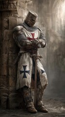 Weathered templar knight in chainmail armor
