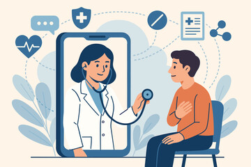Fototapeta premium Telemedicine and telehealth concept. Online doctor consultation via smartphone. Virtual healthcare with physician examining patient remotely. Digital health care technology support vector.