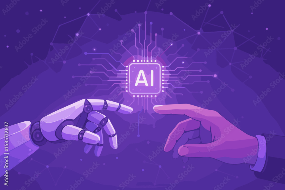 Poster artificial intelligence concept. human and robot hands connection metaphor. future technology, machi