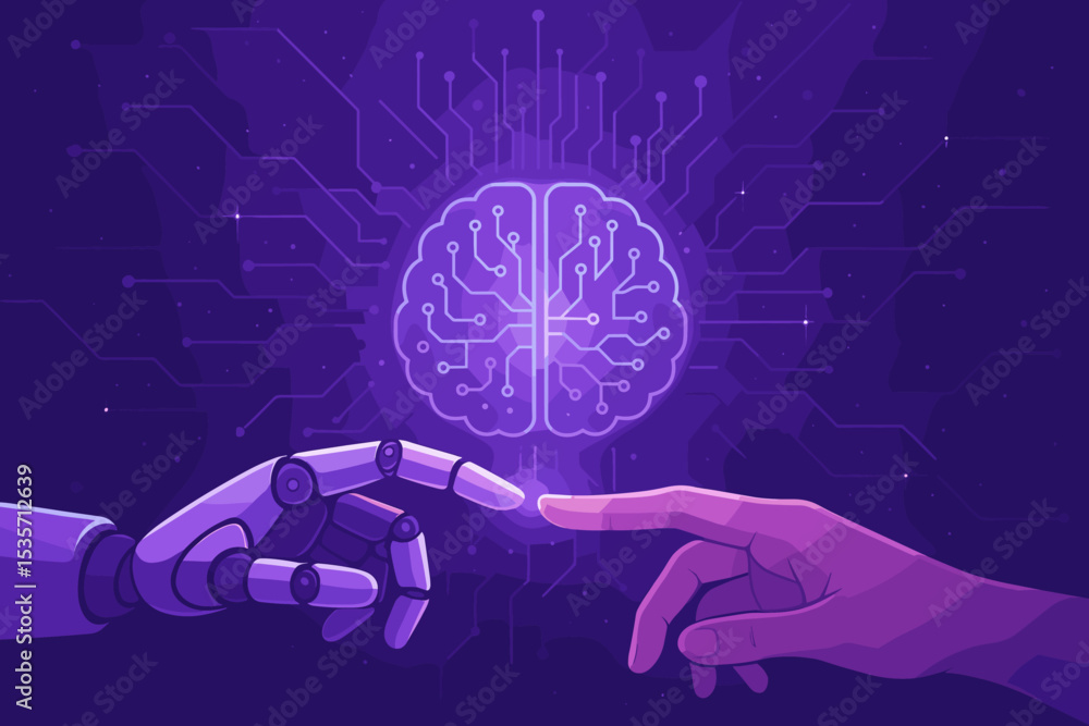 Poster human and robot hands touching fingers. artificial intelligence concept with digital brain circuit b