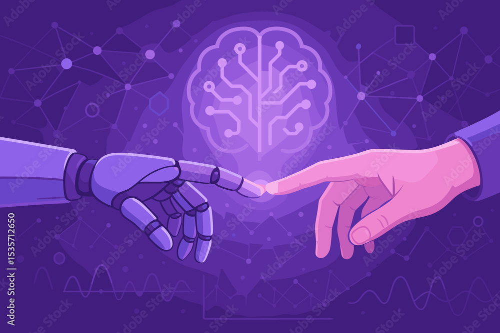 Poster robot and human hands touching, ai concept. future technology, artificial intelligence, machine lear