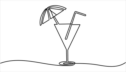 Cocktail with lemon continuous one line drawing illustration. Hand drawn doodle vector drawing of cocktail on white background