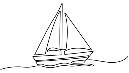 Sailboat  continuous one line drawing illustration. Sailboat continuous one line icon drawing on white background, Sea boat vector illustration in doodle style. Ship, one line drawing vector.