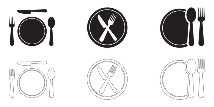 spoon, Fork, knife and plate icon set, menu logo, Silhouette of cutlery. Tableware Vector illustration.