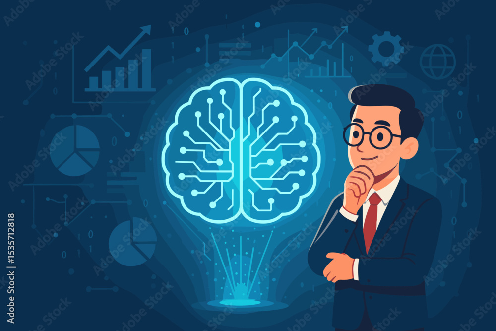 Poster businessman using ai for data analysis and business strategy. concept of artificial intelligence, ma