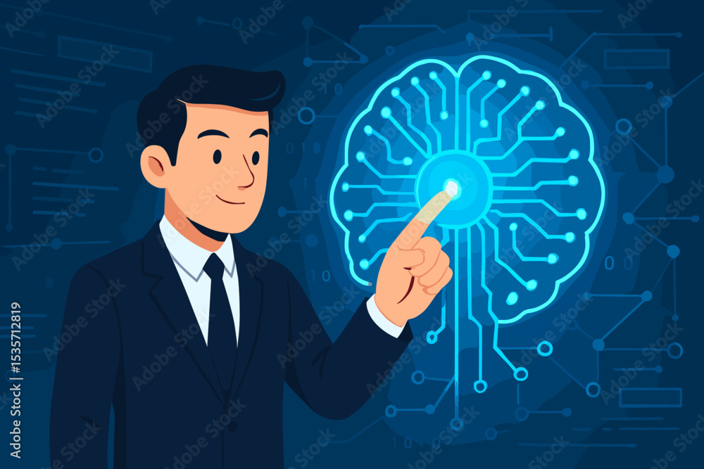 Poster businessman touching a digital brain, activating artificial intelligence. concept for machine learni