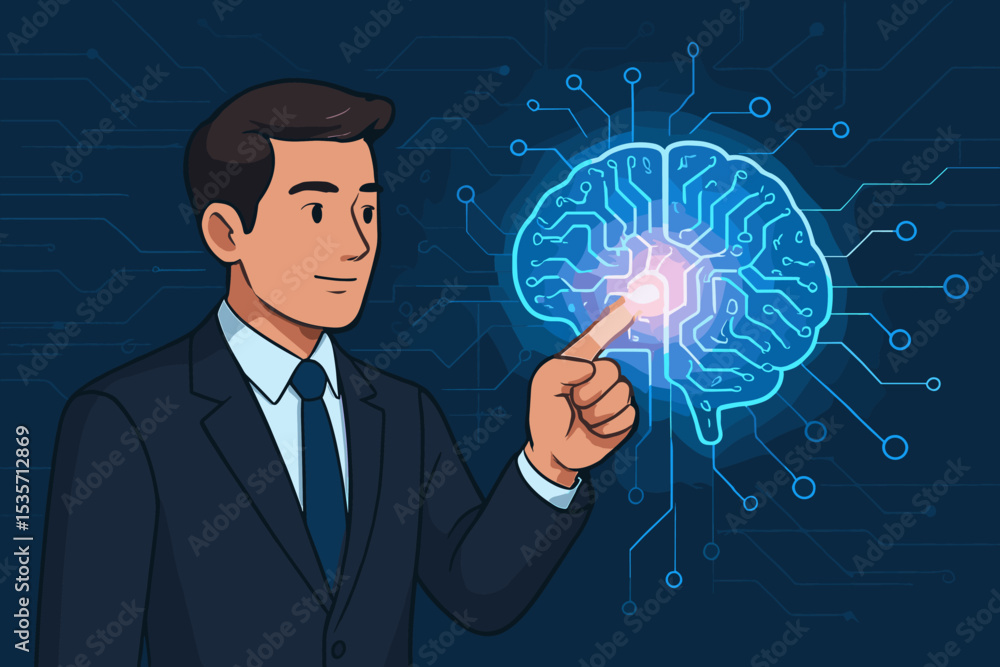 Poster businessman interacting with artificial intelligence. man in suit touching a glowing digital brain i