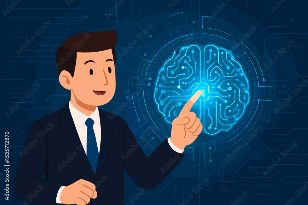 Poster businessman touching glowing digital brain icon on a circuit board background. artificial intelligen