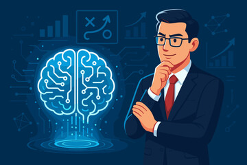 AI-powered business visionary concept. Businessman planning strategy with a digital brain. Artificial intelligence, machine learning for corporate growth, data analysis, and success.