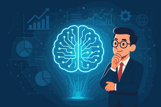 Businessman using AI for data analysis and business strategy. Concept of artificial intelligence, machine learning, and big data analytics for corporate growth and future innovation.