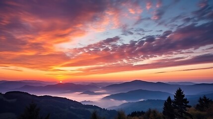 Obraz premium A glowing sunrise scene over the Carpathians, vivid orange and peach streaks across the sky, dark mountain silhouettes in the foreground, and thin wisps of clouds catching the warm light.