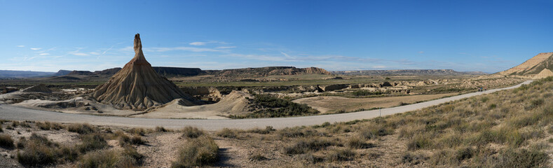 Rock sandstone and clay formations in the half desert of Bardenas Reales in the Navarra province of Spain