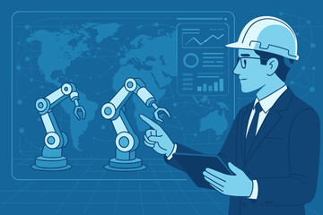 Robotics and automation management. Engineer with tablet controlling industrial robot arms. Smart factory concept. Industry 4.0. Global manufacturing. Technology and production.