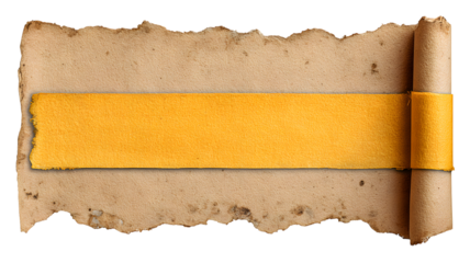 Aged parchment scroll with bright yellow banner for adding text on isolated on white transparent background vintage paper texture