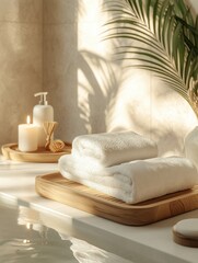 Conjunto de itens de spa com toalhas, velas e elementos decorativos em tons neutros, capturados com luz natural suave, criado com IA generativa.