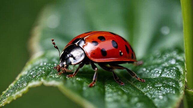 Close up ladybug on green leaf, macro nature shot, red beetle with black spots, tiny insect crawling, wildlife footage