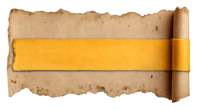 Aged parchment scroll with bright yellow banner for adding text on isolated on white transparent background vintage paper texture