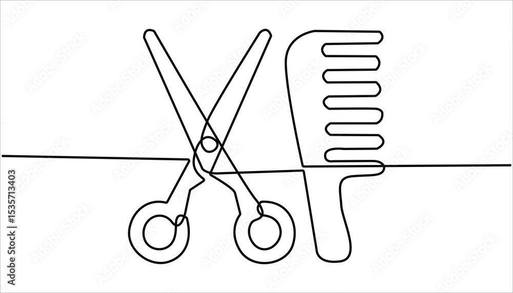 Poster scissor and comb continuous one line drawing illustration. set of scissors and comb one line continu