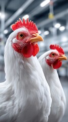 Two white chickens with red combs on a farm