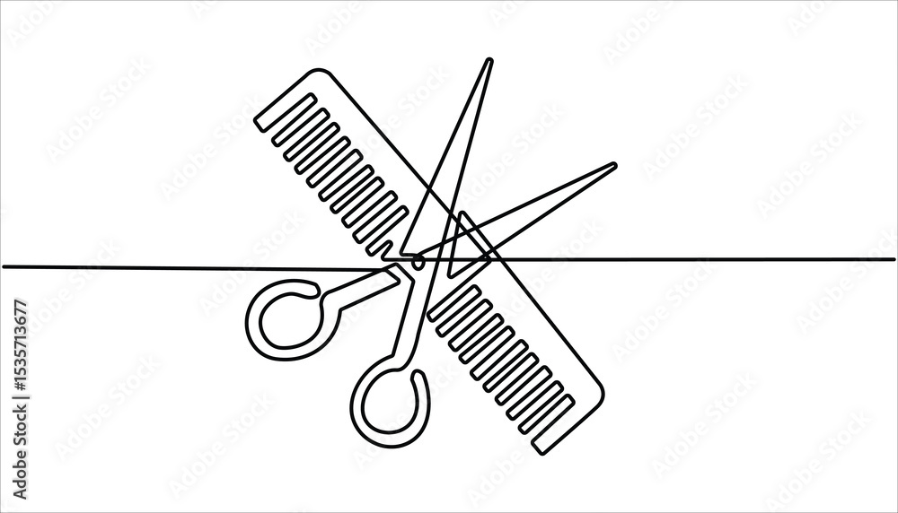 Poster scissor and comb continuous one line drawing illustration. set of scissors and comb one line continu