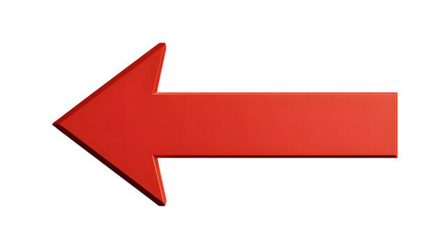 Bold red arrow pointing left on white background indicating direction and navigation for web design or graphic design applications and concepts isolated on white transparent