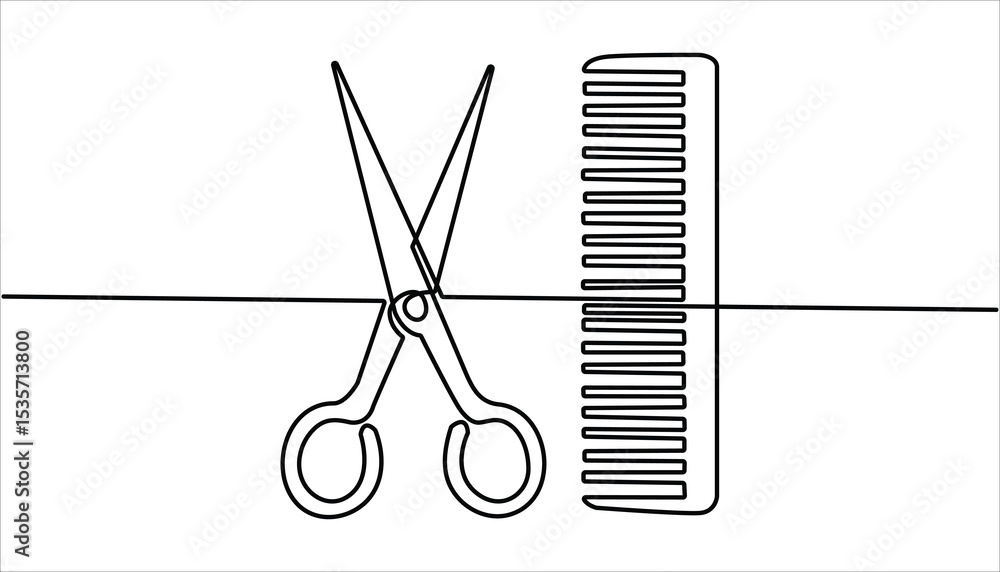 Poster scissor and comb continuous one line drawing illustration. set of scissors and comb one line continu