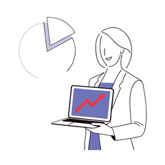 Smiling businesswoman shows an upward trend chart on her laptop with a pie chart