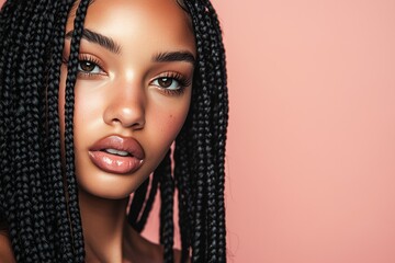 Close-up portrait of young Black woman with braided hair and glossy lips against pink background. Concept of modern beauty, self-confidence, and editorial skincare style